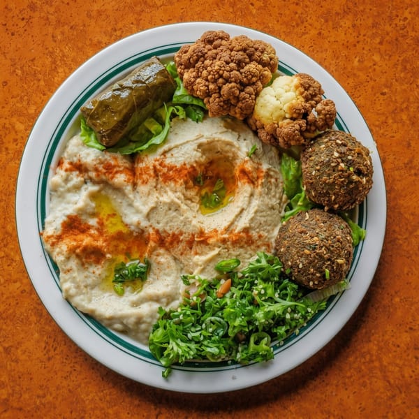 A white plate with hummus, falafel, stuffed grape leaves, fried cauliflower, and tabbouleh salad.
