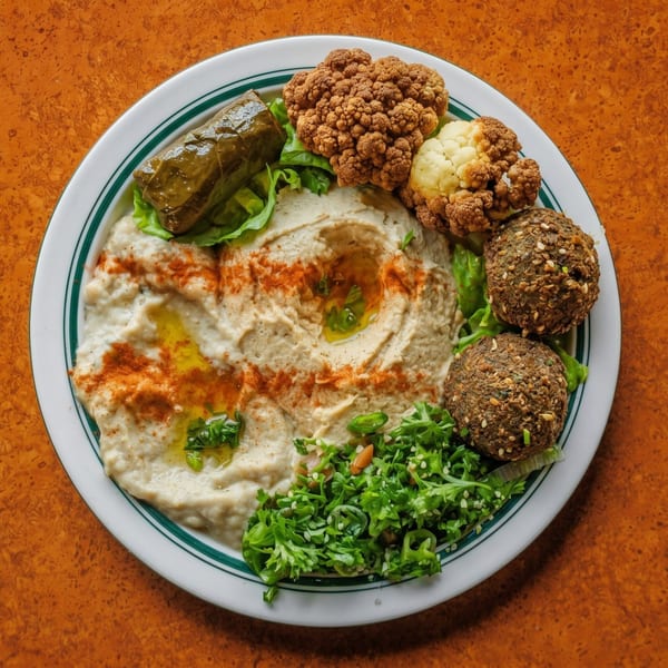 A white plate with hummus, falafel, stuffed grape leaves, fried cauliflower, and tabbouleh.