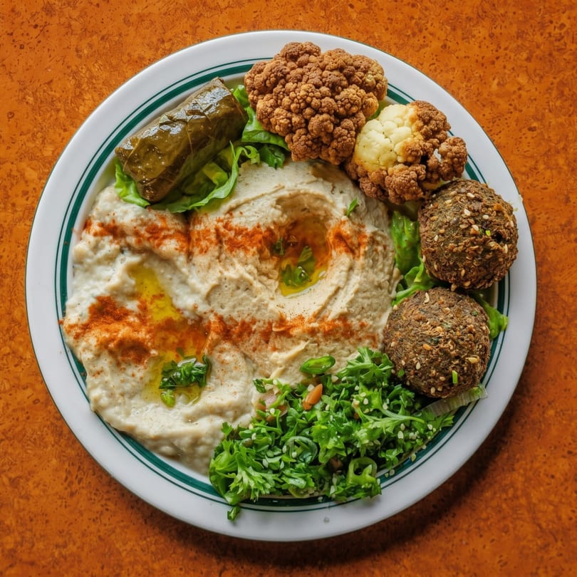 A white plate with hummus, falafel, stuffed grape leaves, fried cauliflower, and tabbouleh.