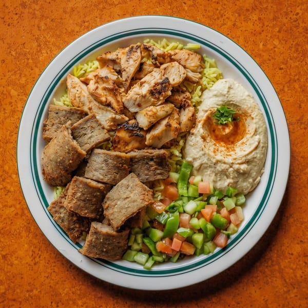 A platter with grilled chicken, gyro meat, yellow rice, hummus, and a diced salad.