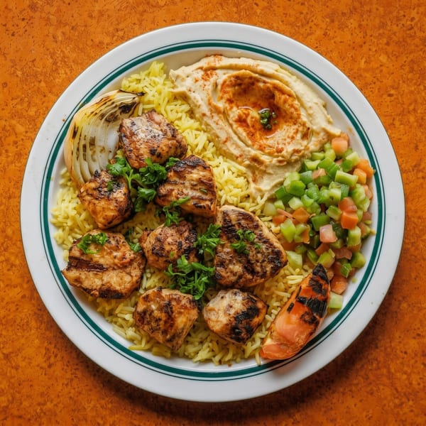 Grilled chicken pieces, yellow rice, hummus, chopped salad, and grilled vegetables on a white plate.