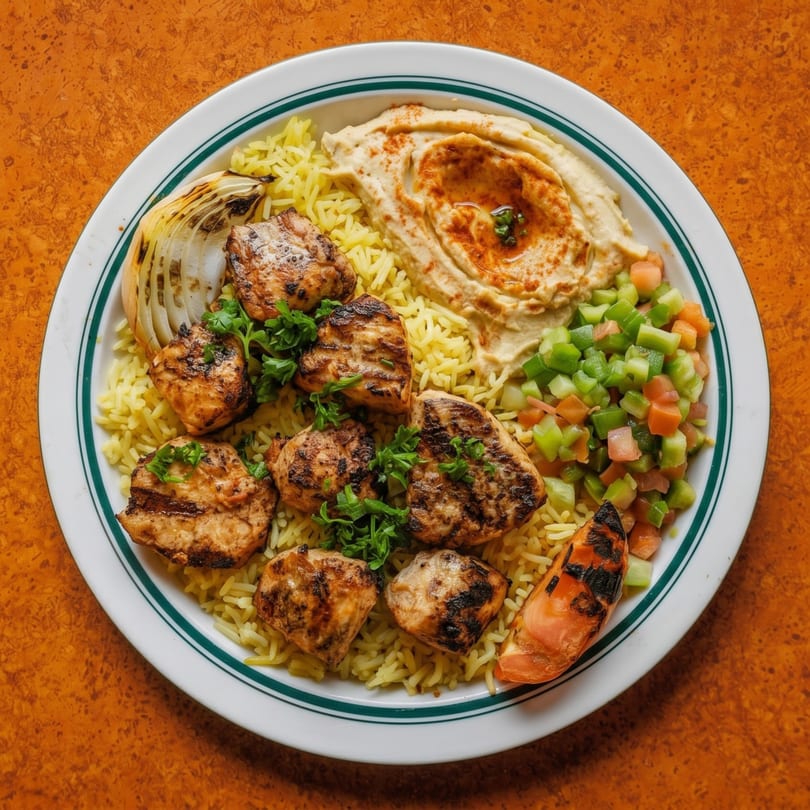 Grilled chicken pieces, yellow rice, hummus, chopped salad, and grilled vegetables on a white plate.