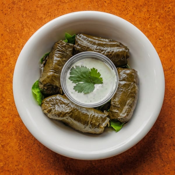 Four dolmas, or stuffed grape leaves, with a side of creamy white sauce and cilantro in a white bowl.