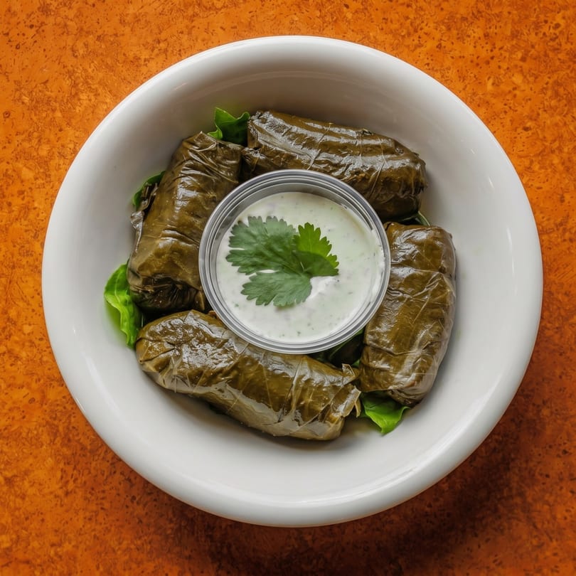 Four dolmas, or stuffed grape leaves, with a side of creamy white sauce and cilantro in a white bowl.