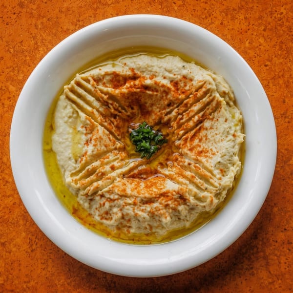 A white bowl of hummus, drizzled with olive oil, paprika, and a sprig of parsley.