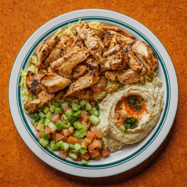 Grilled chicken, yellow rice, diced salad, and hummus with paprika and parsley on a white plate.