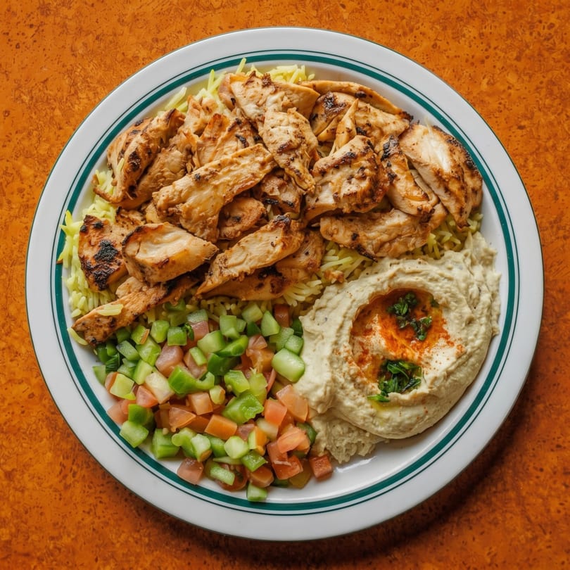 Grilled chicken, yellow rice, diced salad, and hummus with paprika and parsley on a white plate.