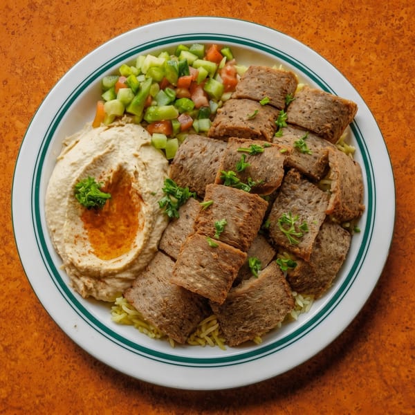 A plate of gyro meat, hummus with paprika and parsley, and a cucumber tomato salad.